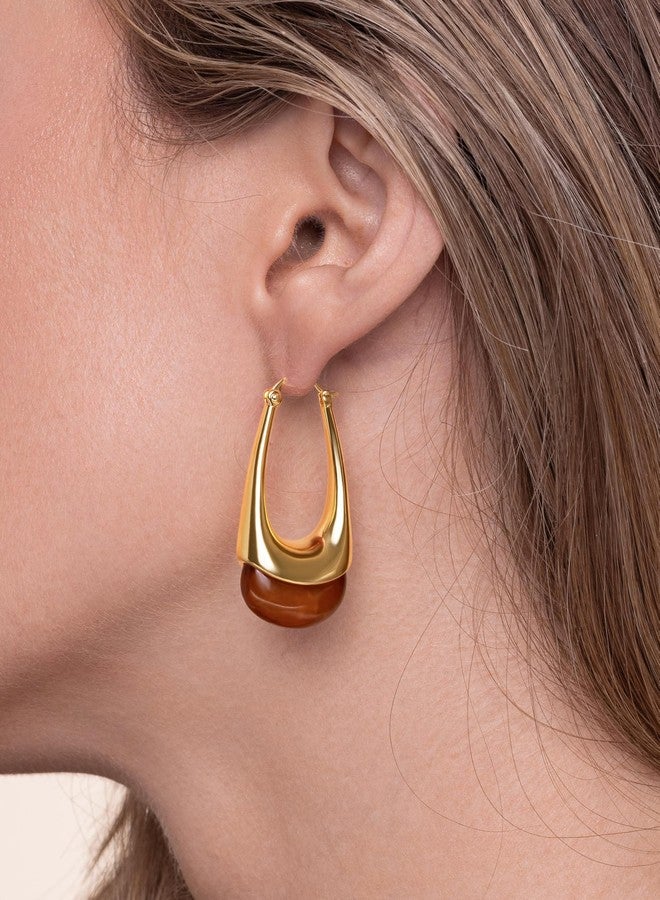 SNGIA Long Oval Chunky Dangle 18K gold plated Hoops with Colored Resin Gemstone Statement Earrings for Women by SNGIA, (Green, Brown, Blue, Pink, White, Cream), Bold Drop Handmade Exaggerated Irregular Trendy Bohemian Jewelry Gifts, Unique Dangling Teardrop Baroque Stone Summer Beach Fashion Earrings Accessories, Round Vintage Thick Circular Nickle Free Huggies Hoop Earrings. (Brown) - Image 5
